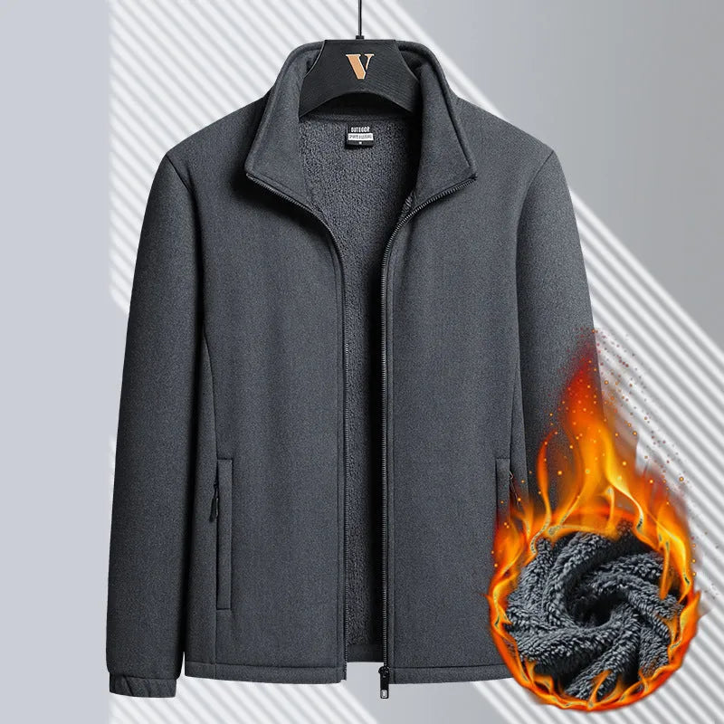 Men's thick grey Berber fleece cardigan coat with stand-up collar and zippered pockets.