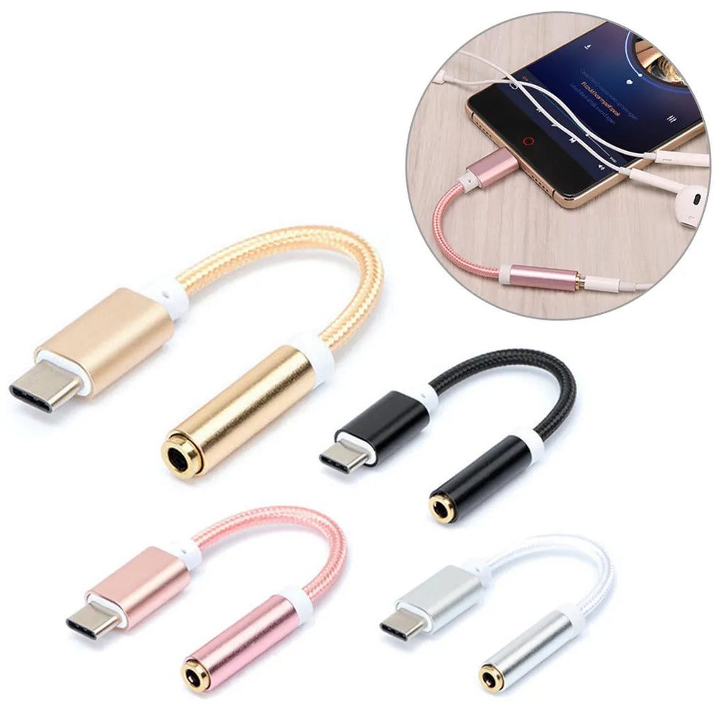 Type-C to 3.5mm audio adapter cable with nylon braiding in black, silver, gold and rose gold colours