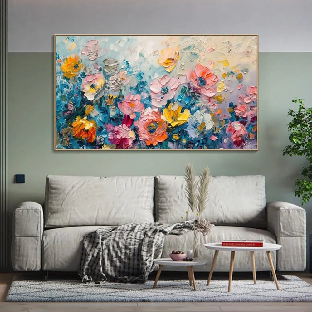 Handmade handpainted oil painting on canvas with rose flower subject horizontal modern style