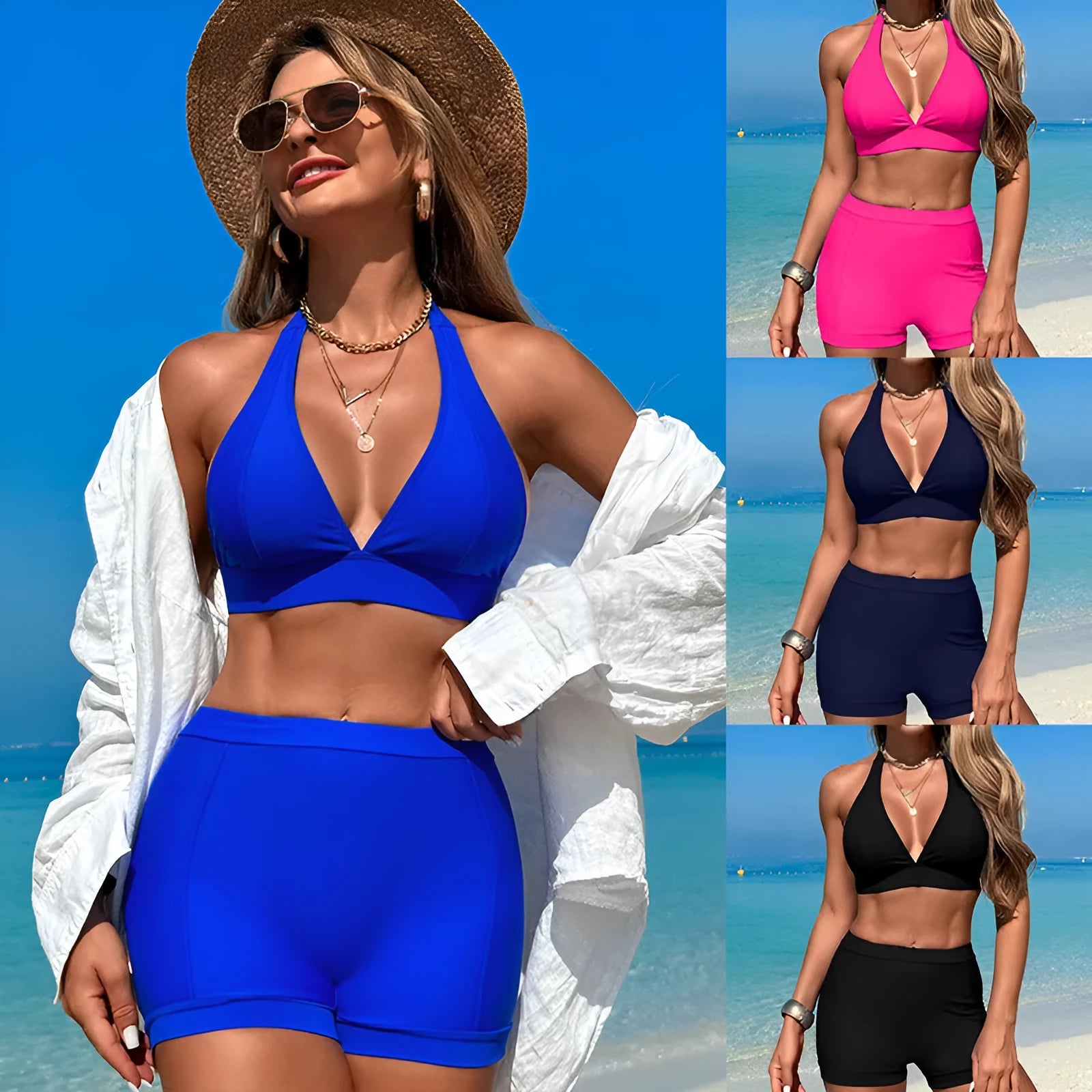 Women's black split bikini swimsuit made from nylon with polyester lining.