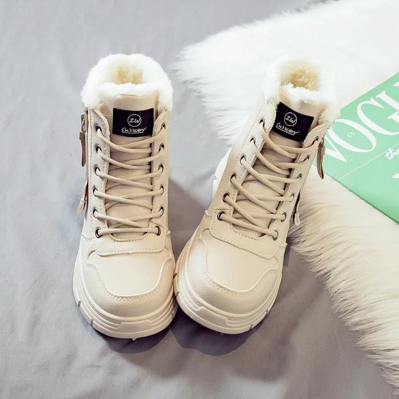 Women's plus size fleece-lined tall snow boots with mid heel and round toe in three colour options
