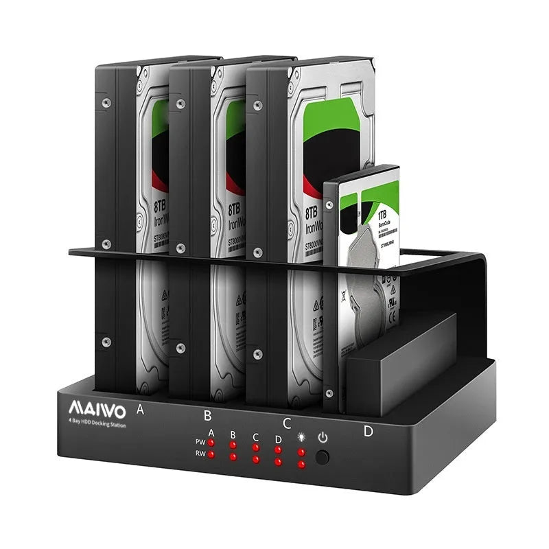 Four-bay external hard drive docking station with USB cable and power adapter