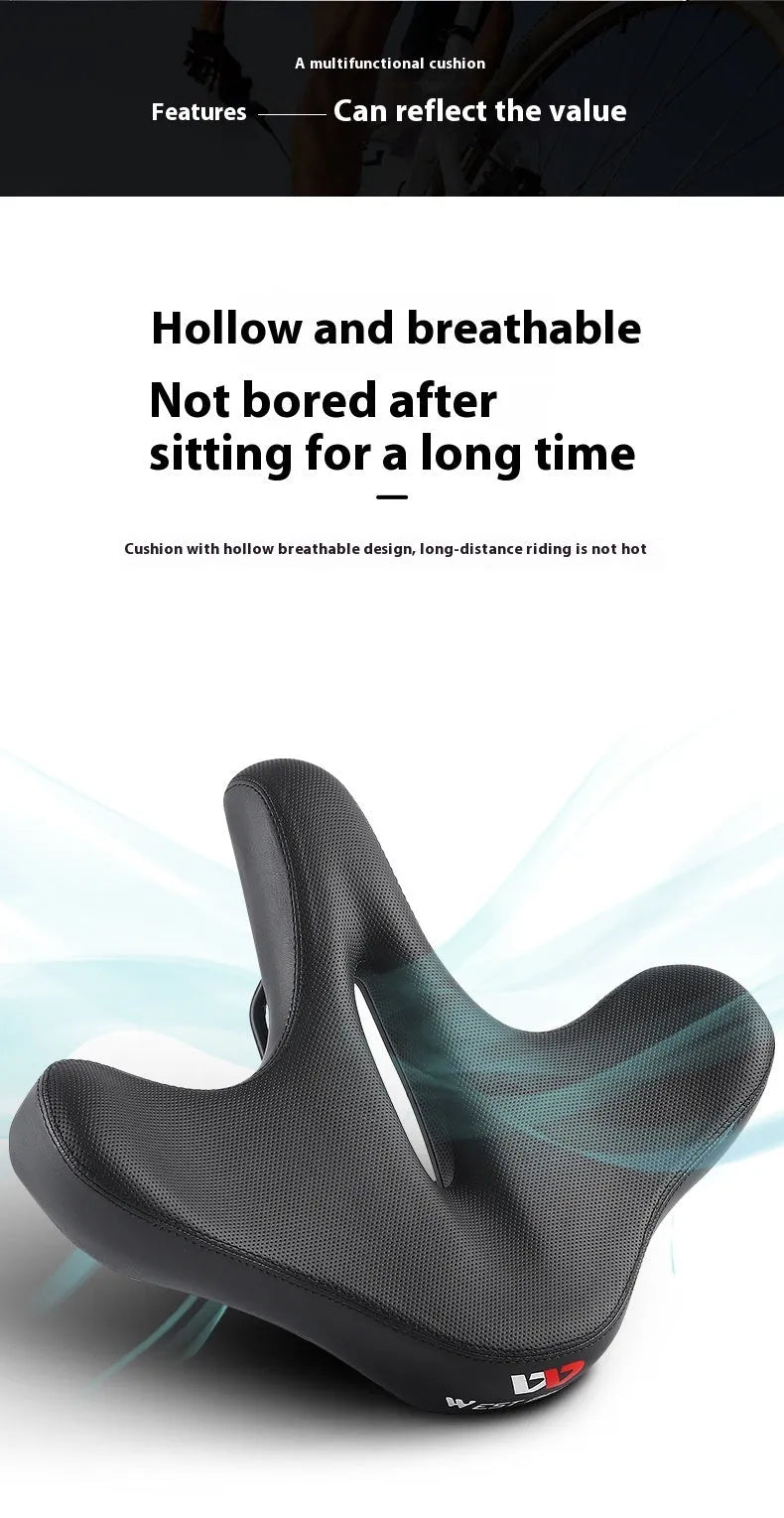 Black bicycle saddle cushion with leather exterior and thickened foam padding for shock absorption
