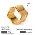Silver-toned stainless steel women's ring with a wide geometric wave pattern.