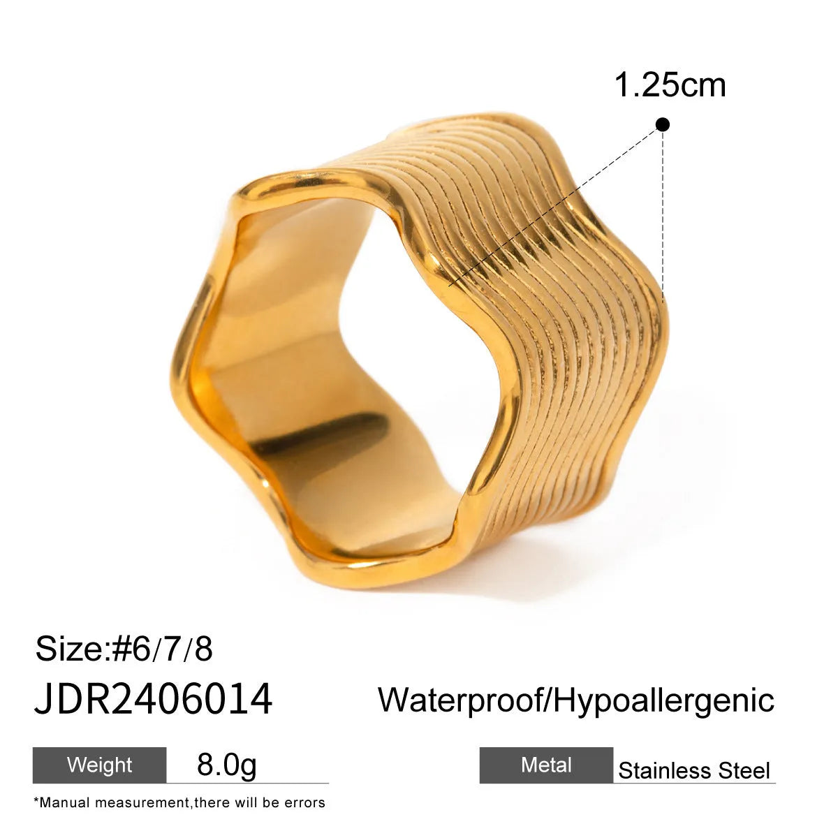 Silver-toned stainless steel women's ring with a wide geometric wave pattern.