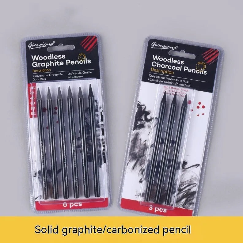 Set of nine art pencils on a card: six graphite pencils and three darker carbonized pencils in wooden casings.
