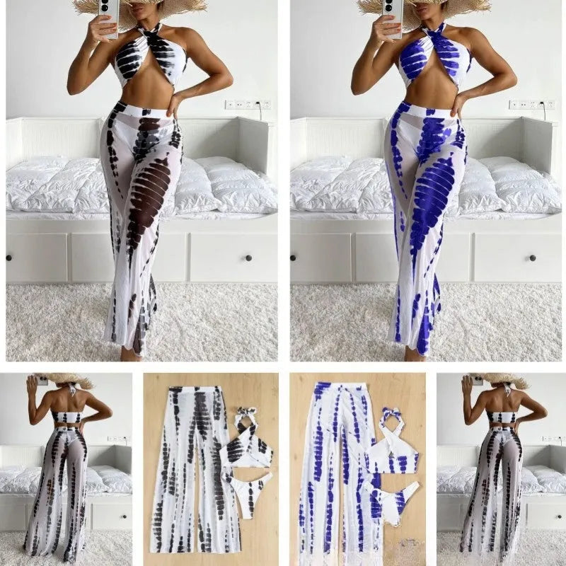 Women's black printed three-piece swimsuit set showing top, bikini bottoms, and mesh trousers.