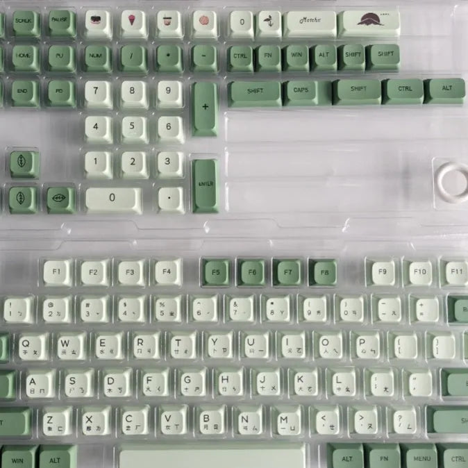 Full set of 124 matcha green PBT keycaps for a mechanical keyboard, showing various international layout options.