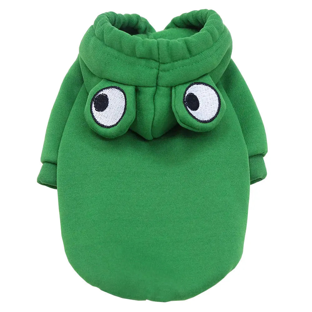 Green frog costume hoodie for small dog with hood and fleece material showing chest girth measurement
