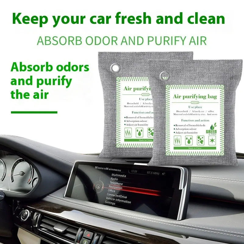 Bamboo charcoal air purifier bag in breathable fabric for formaldehyde removal.