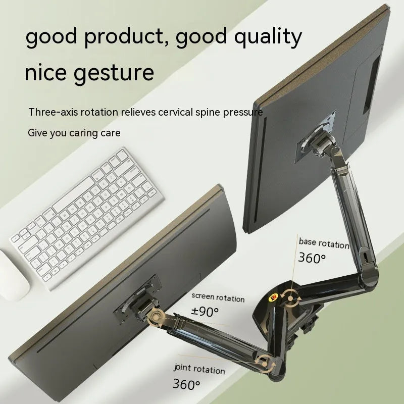 Black dual screen monitor bracket with height adjustment mechanism and VESA mounting compatibility