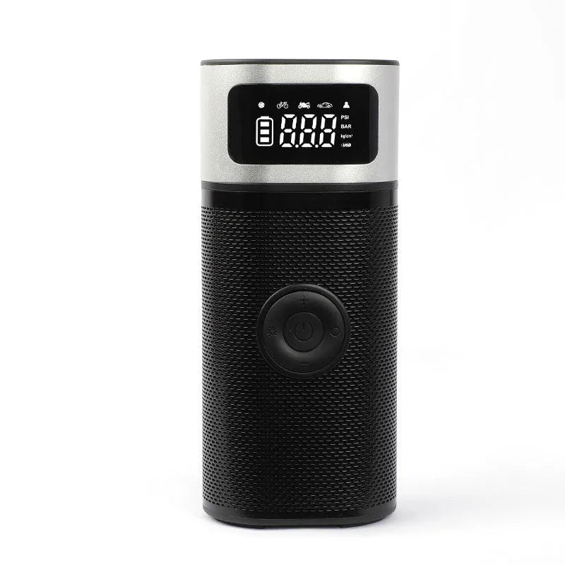 Black portable wireless smart vehicle air pump with a display, inflation tube, and multiple nozzles on a dark background.