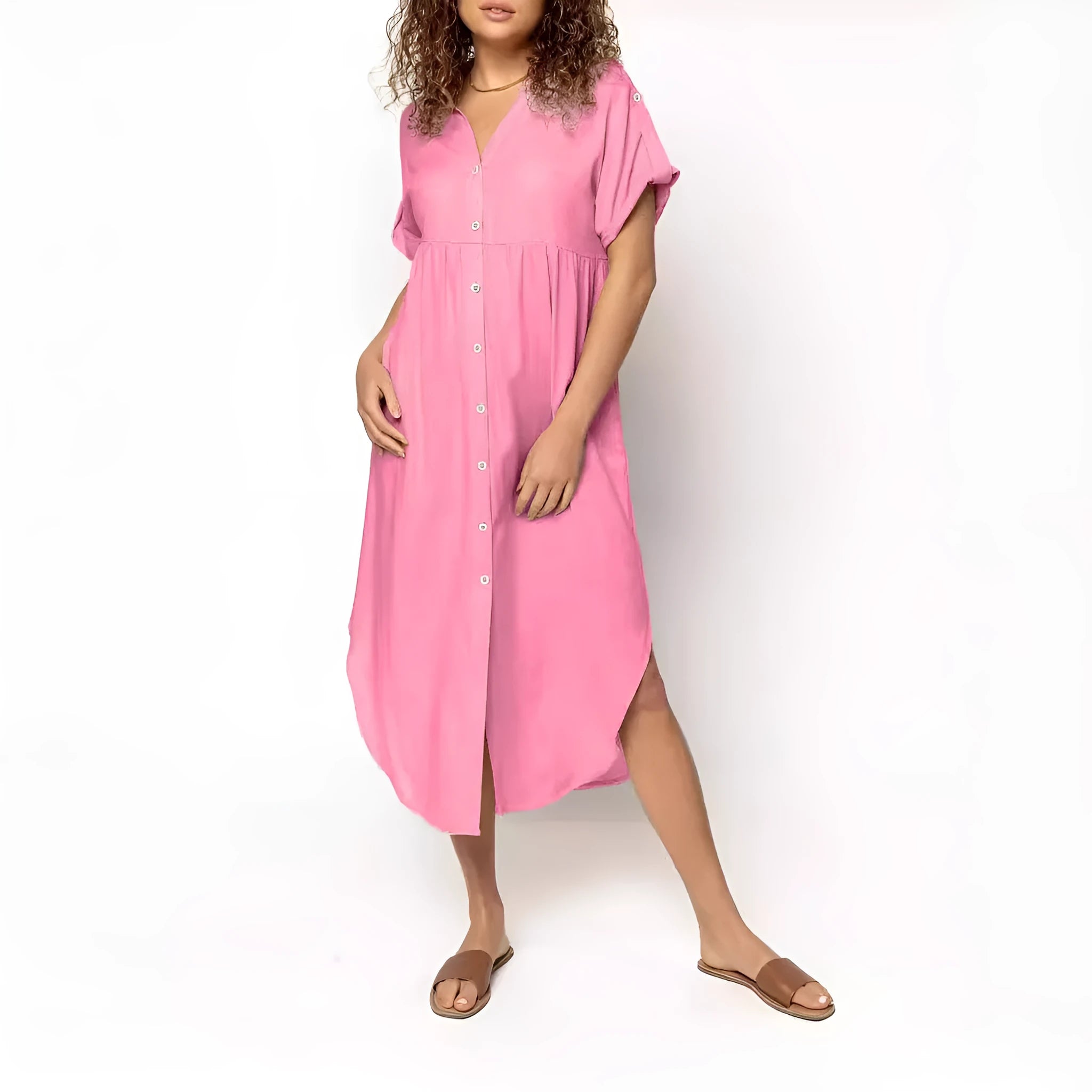 Women's casual button front mid-length dress in solid colour with regular sleeves and loose fit