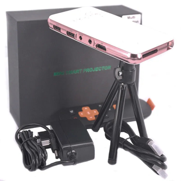 M6S miniature portable DLP projector in white and rose gold with 32GB memory and Android compatibility