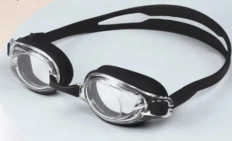 Black HD swimming goggles with a corrective lens for myopia, shown with a protective case.