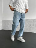 Blue men's straight-leg denim jeans with a loose wide-leg fit and mid-rise waist.