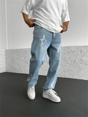 Blue men's straight-leg denim jeans with a loose wide-leg fit and mid-rise waist.