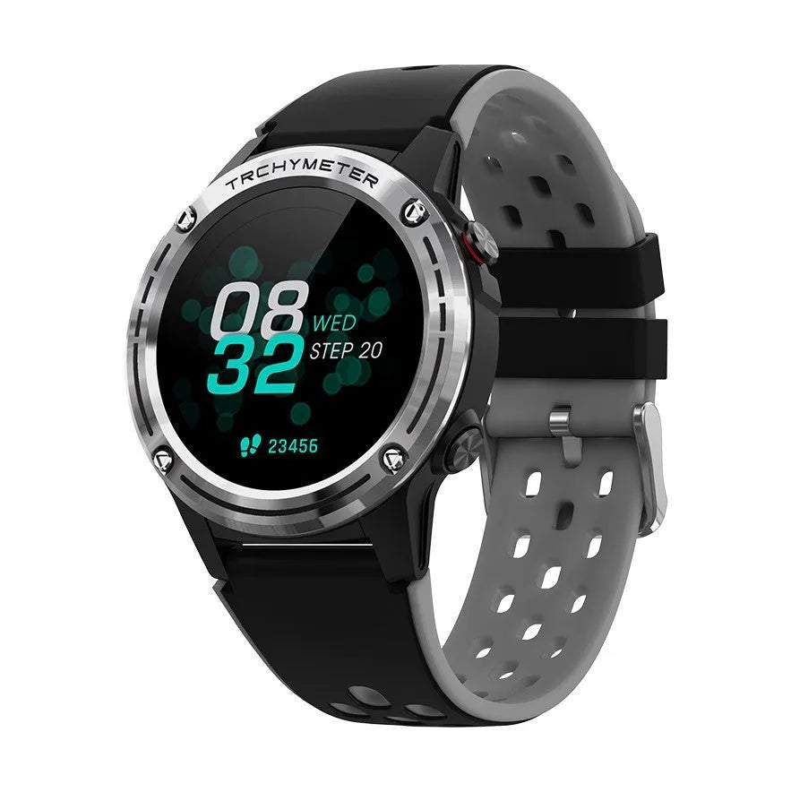 GPS smart watch with a silicone strap in blue on a wrist, showing the digital display.