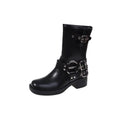 British platform women's boots with mid-calf length and belt buckle detail