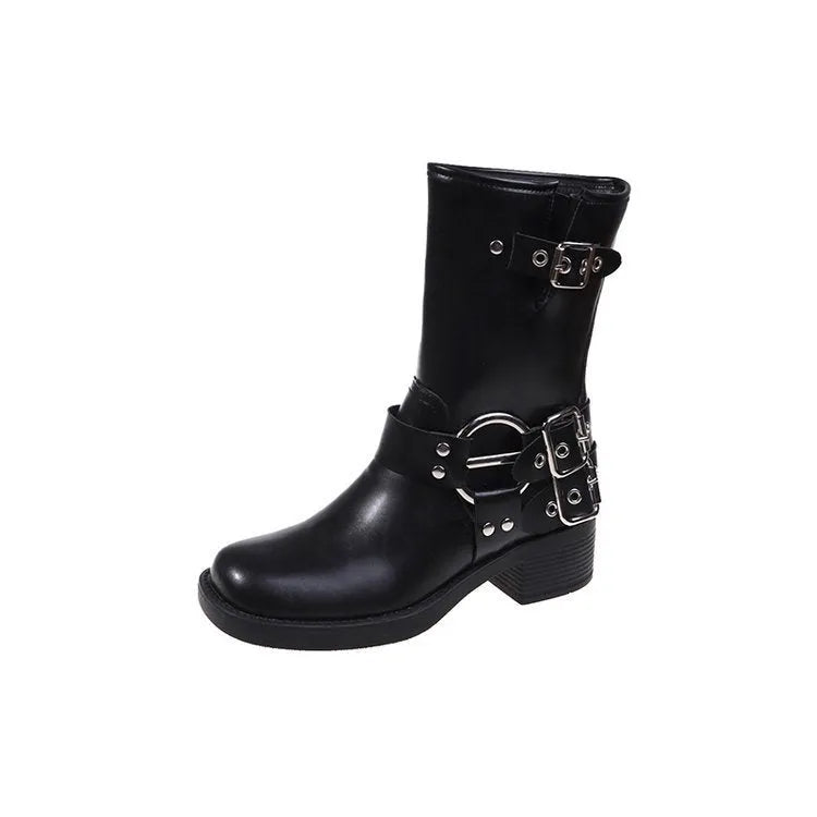 British platform women's boots with mid-calf length and belt buckle detail