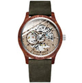 Fully automatic mechanical watch with wood alloy case, 44mm, mineral glass, brown leather strap on wrist