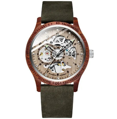 Fully automatic mechanical watch with wood alloy case, 44mm, mineral glass, brown leather strap on wrist