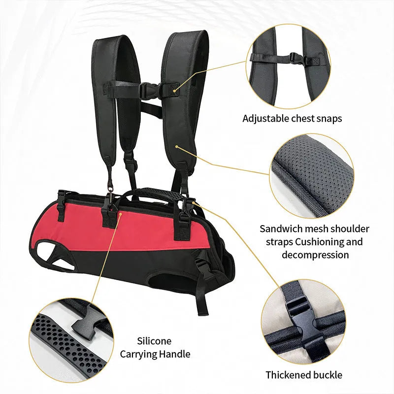 Soft Oxford cloth pet backpack and airborne stretcher carrier in black with blue trim