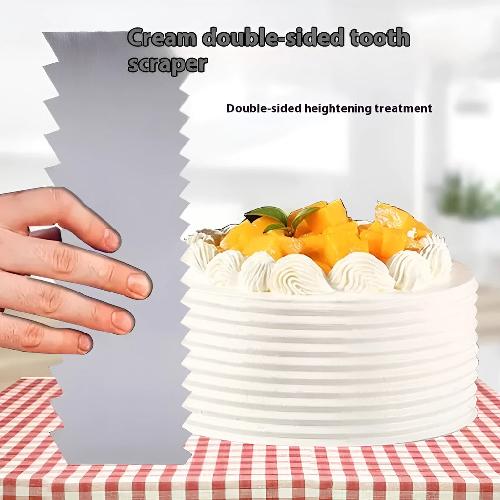 Stainless steel cake scraper with a polygon-patterned edge for textured icing.