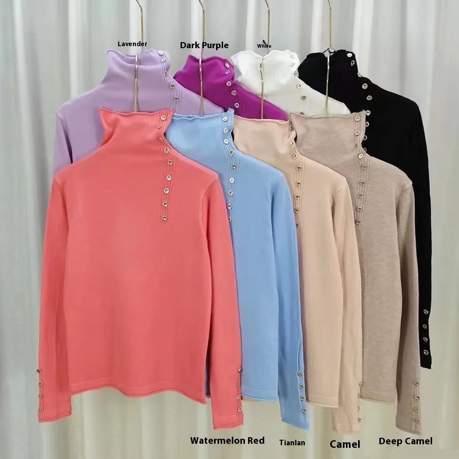 Women's core-spun yarn knitted bottoming shirt in light camel colour with 3D pattern