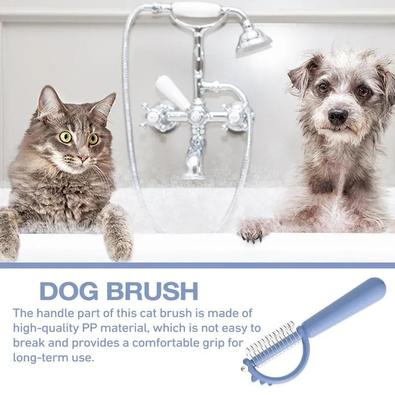 Blue dinosaur-shaped cat brush with stainless steel pins for self-cleaning grooming and dematting