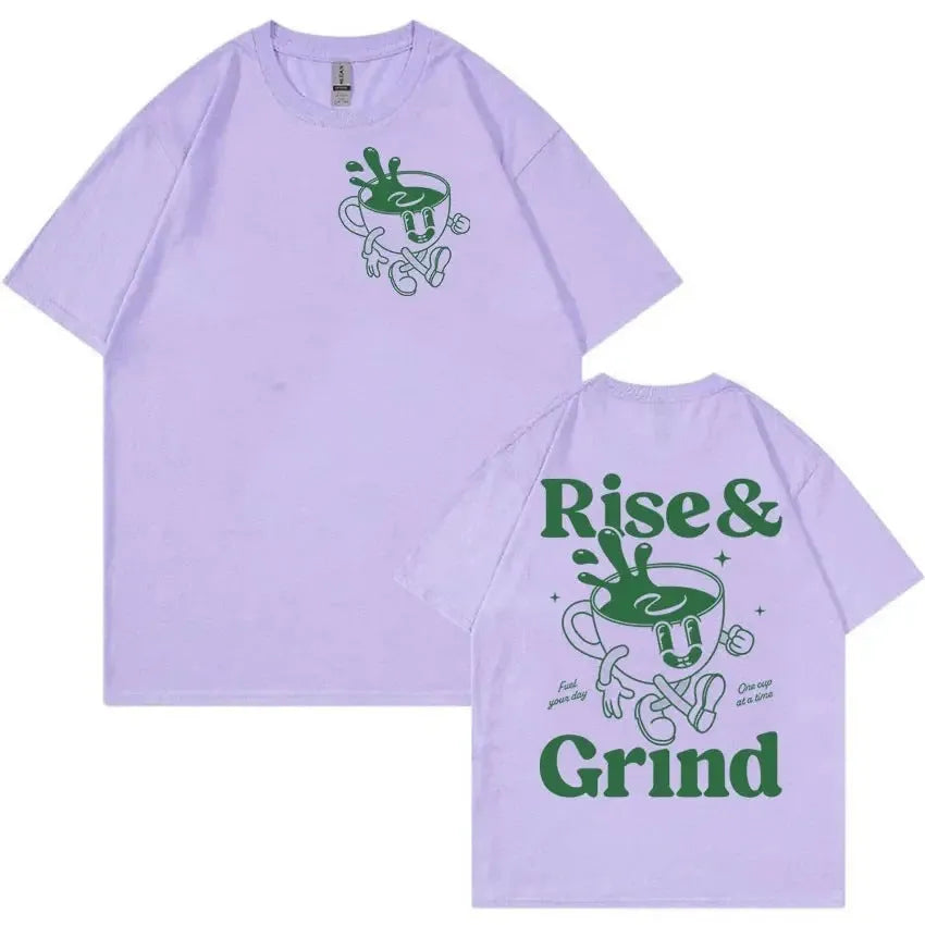 Rise And Grind green coffee cartoon print on a loose-fit linen T-shirt in khaki colour