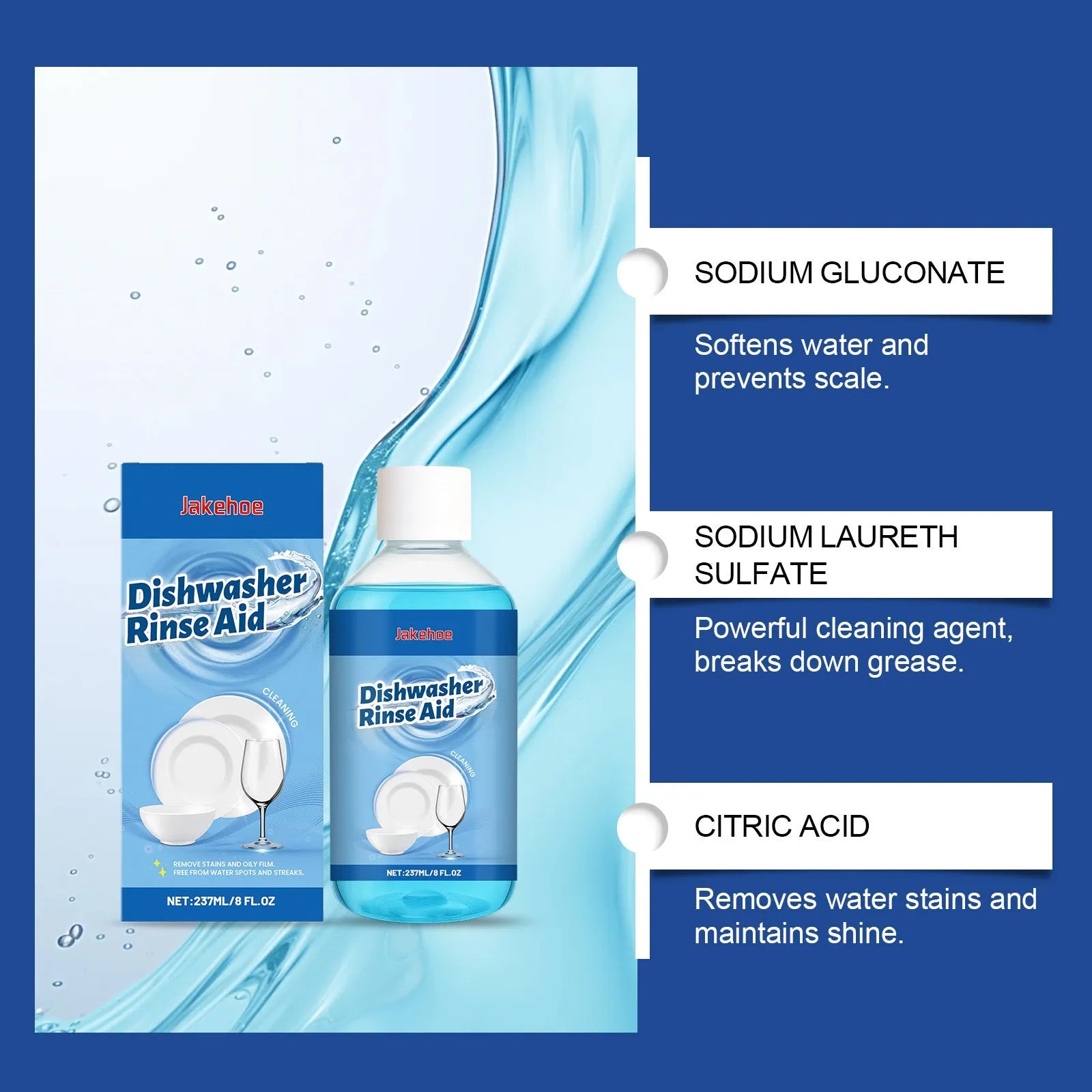 237mL bottle of dishwasher detergent cleaning aid for plates and kitchenware.