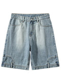 Men's loose straight Bermuda shorts in blue denim with mid waist and five-pocket design
