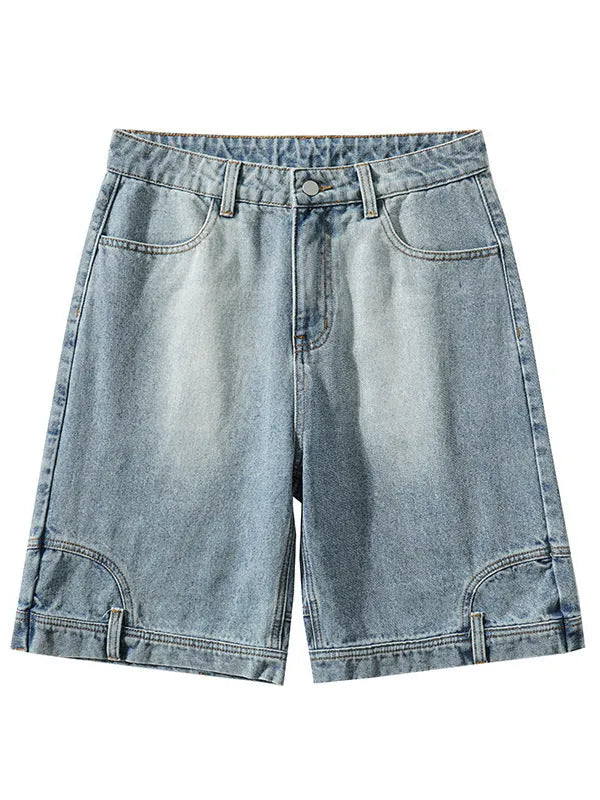 Men's loose straight Bermuda shorts in blue denim with mid waist and five-pocket design