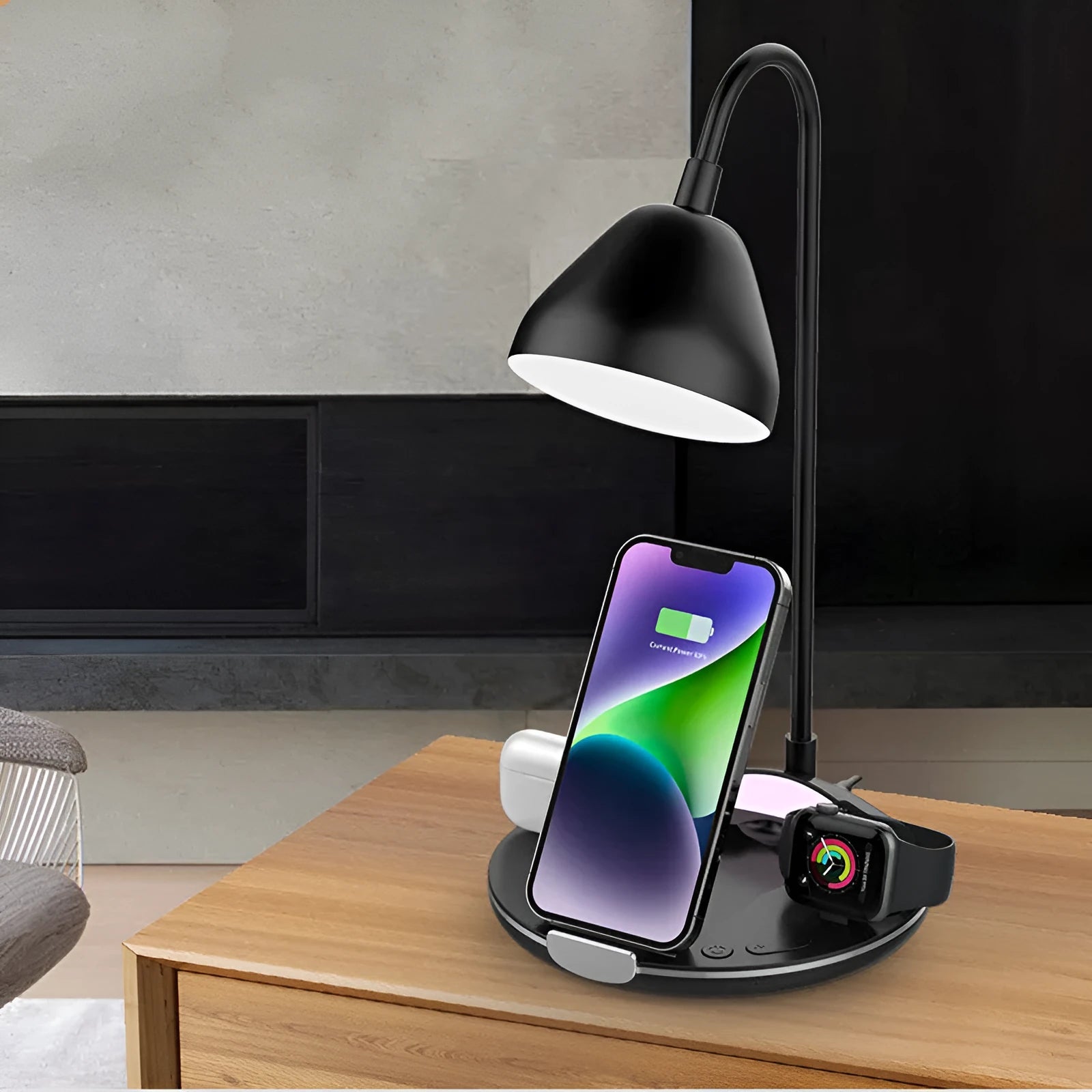 Black and white magnetic folding wireless charger shown open and closed