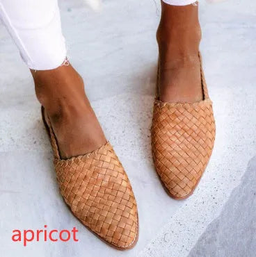 Women's pointed toe baotou flat sandals with a buckle closure, shown in one of six available colours.