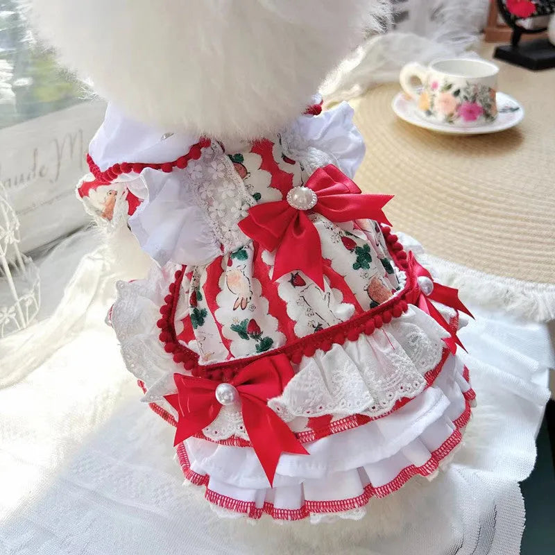 Small dog wearing princess-style rabbit skirt costume in polyester fabric