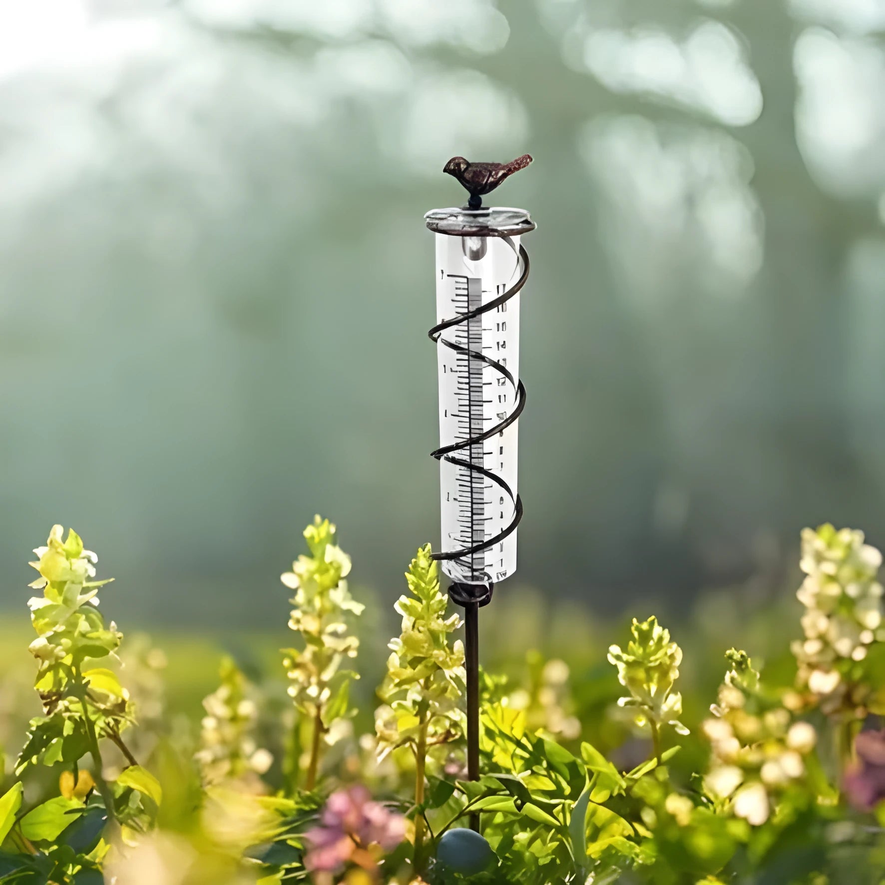 Cast iron garden rain gauge with glass tube and hummingbird decoration, showing 1-20 measurement scale.