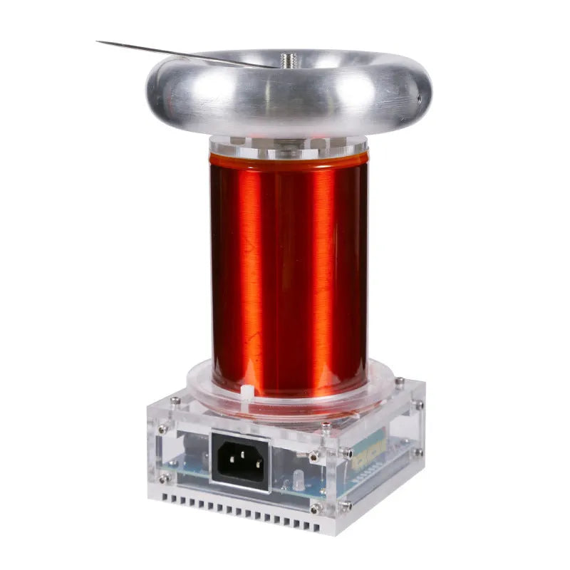 220V Tesla coil driver board with controller generating musical plasma arcs for demonstrations