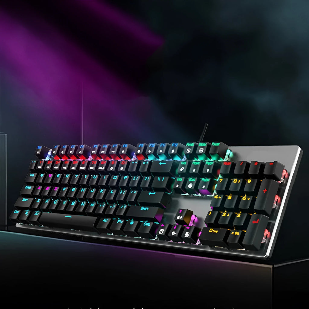 AOC GK410 mechanical keyboard with green axis switches, metal case, and backlit keys.