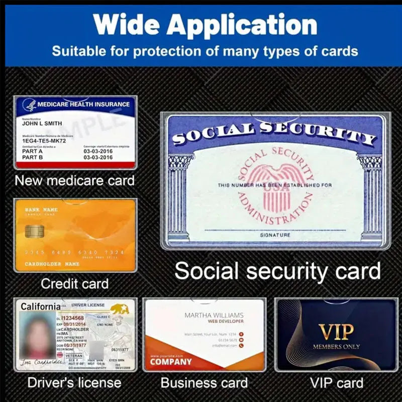 Clear PVC ID card holder protecting a social security card, shown at 9.7 by 5.9 centimetres.
