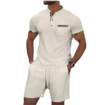 Men's grey short sleeve zip-up polo collar top and matching shorts laid flat.