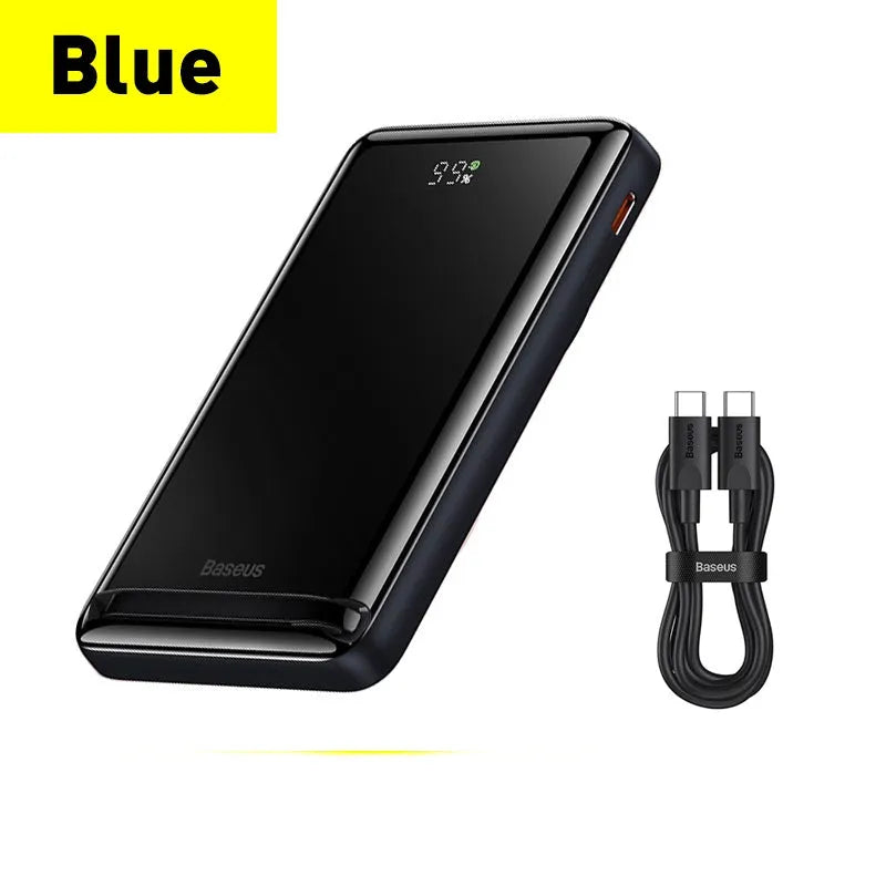 Slim blue magnetic power bank with wireless charging surface, shown next to its included USB cable.