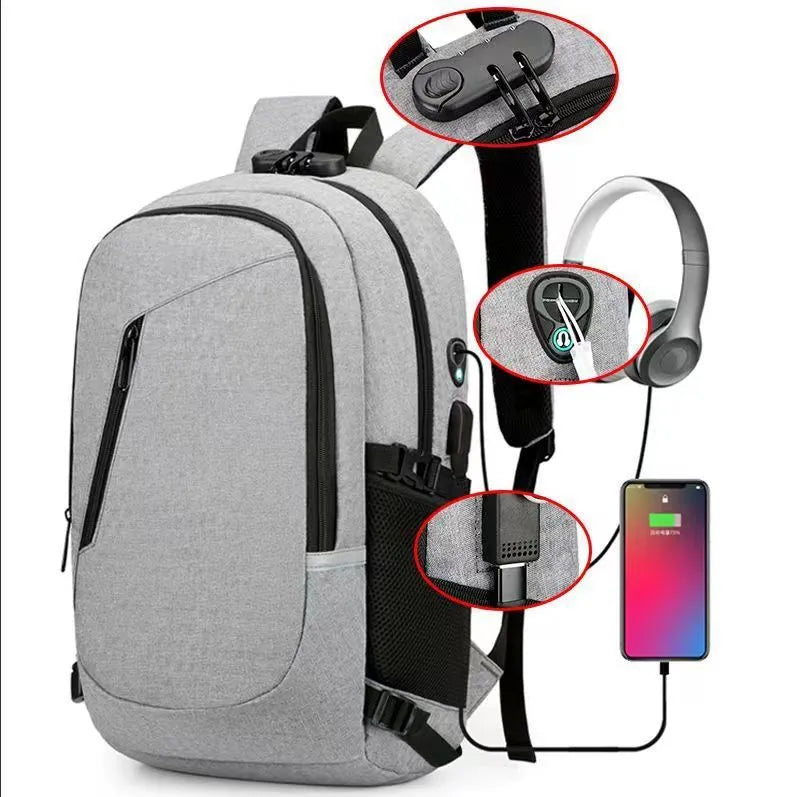 Grey Oxford cloth computer backpack showing front compartment and shoulder straps