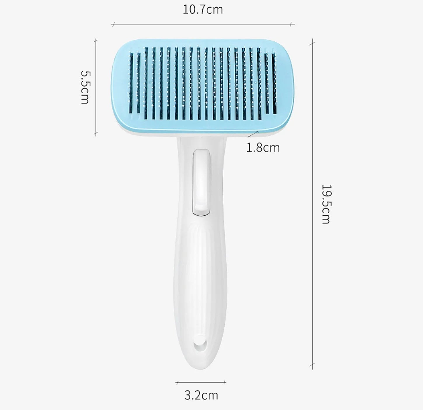 Blue automatic pet hair removal comb with a one-click button, shown on a grey background.