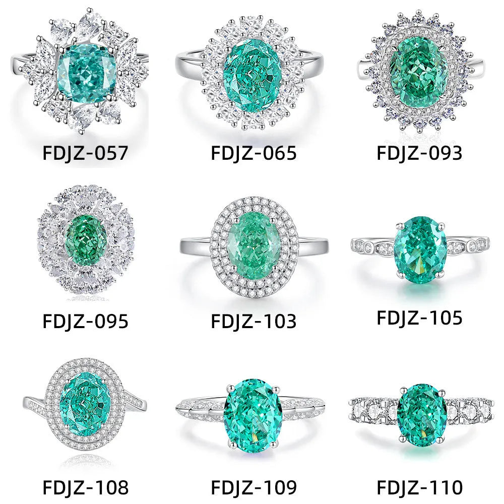 S925 sterling silver ring with an elliptical emerald and inlaid high-carbon diamonds on a geometric band.