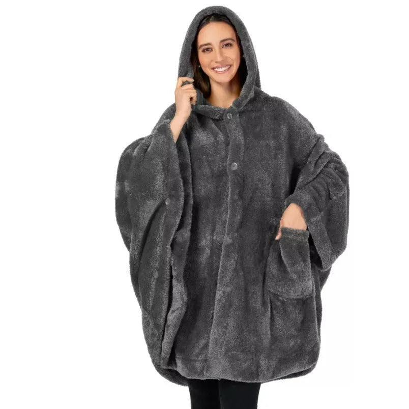 A heavy-weight hooded bathrobe in a cardigan style, shown in black, dark grey, and pink colour options.