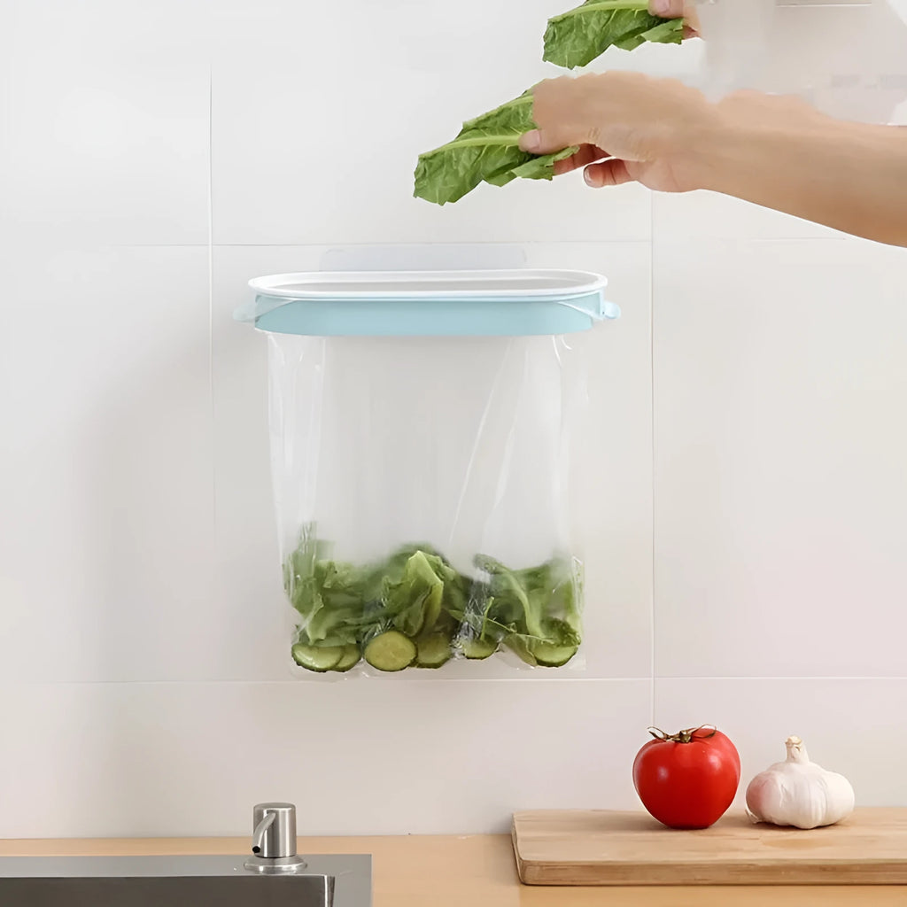 Blue or pink plastic kitchen garbage bag storage rack for cabinet organisation