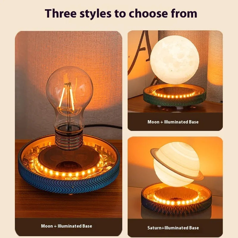 Magnetic suspension moon night lamp floating above its base with soft white glow.