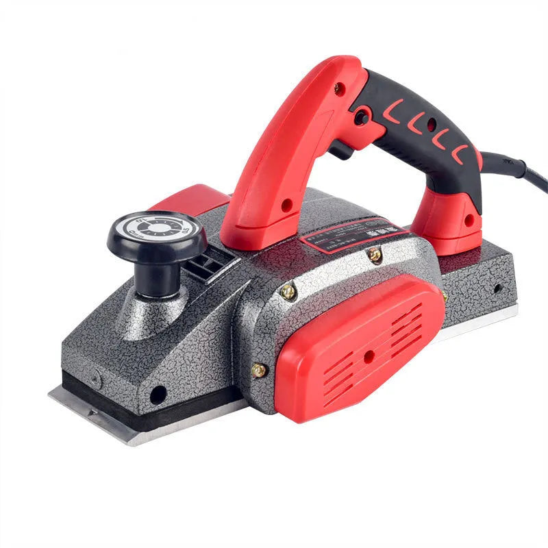 Red electric wood planer with aluminum body for carpentry and workshop use